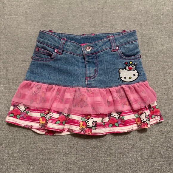 Hello Kitty Other - Hello Kitty Sanrio Toddler Girls Denim Skort Pink Mesh Ruffle Floral 3T